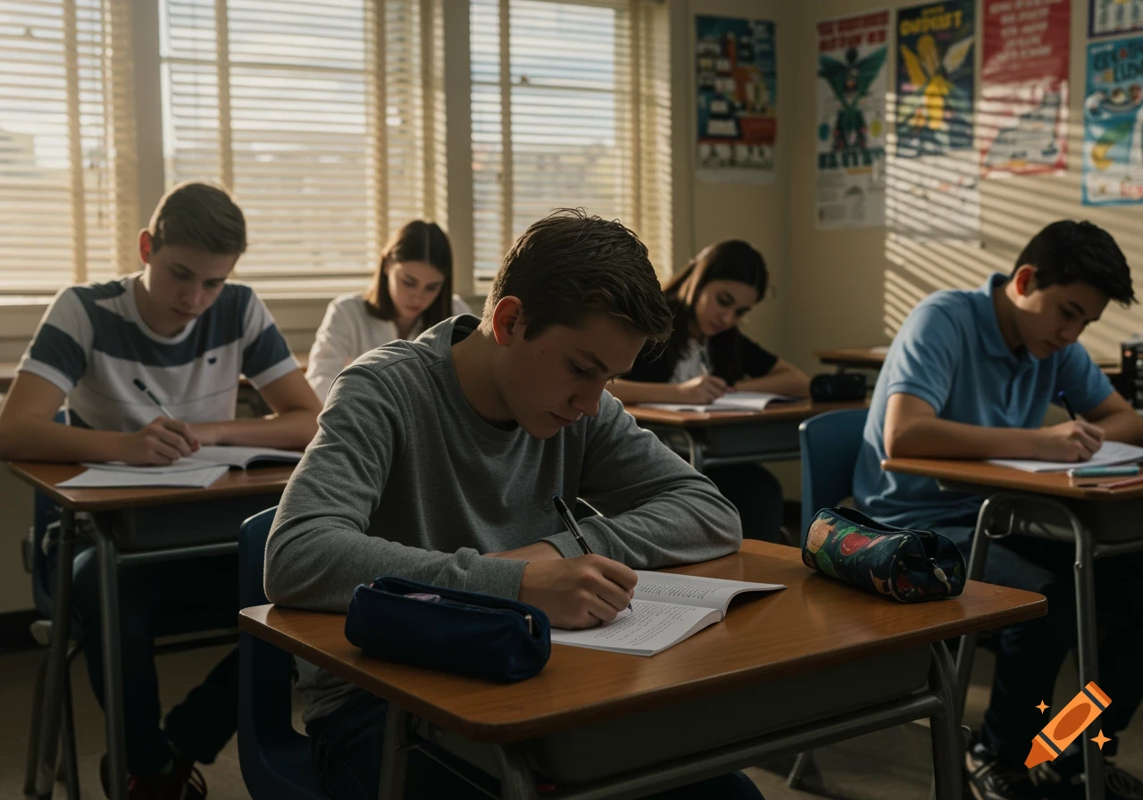 Teenage students write in notebooks at their desks in a warm, dimly lit classroom with sunlight filtering through blinds.