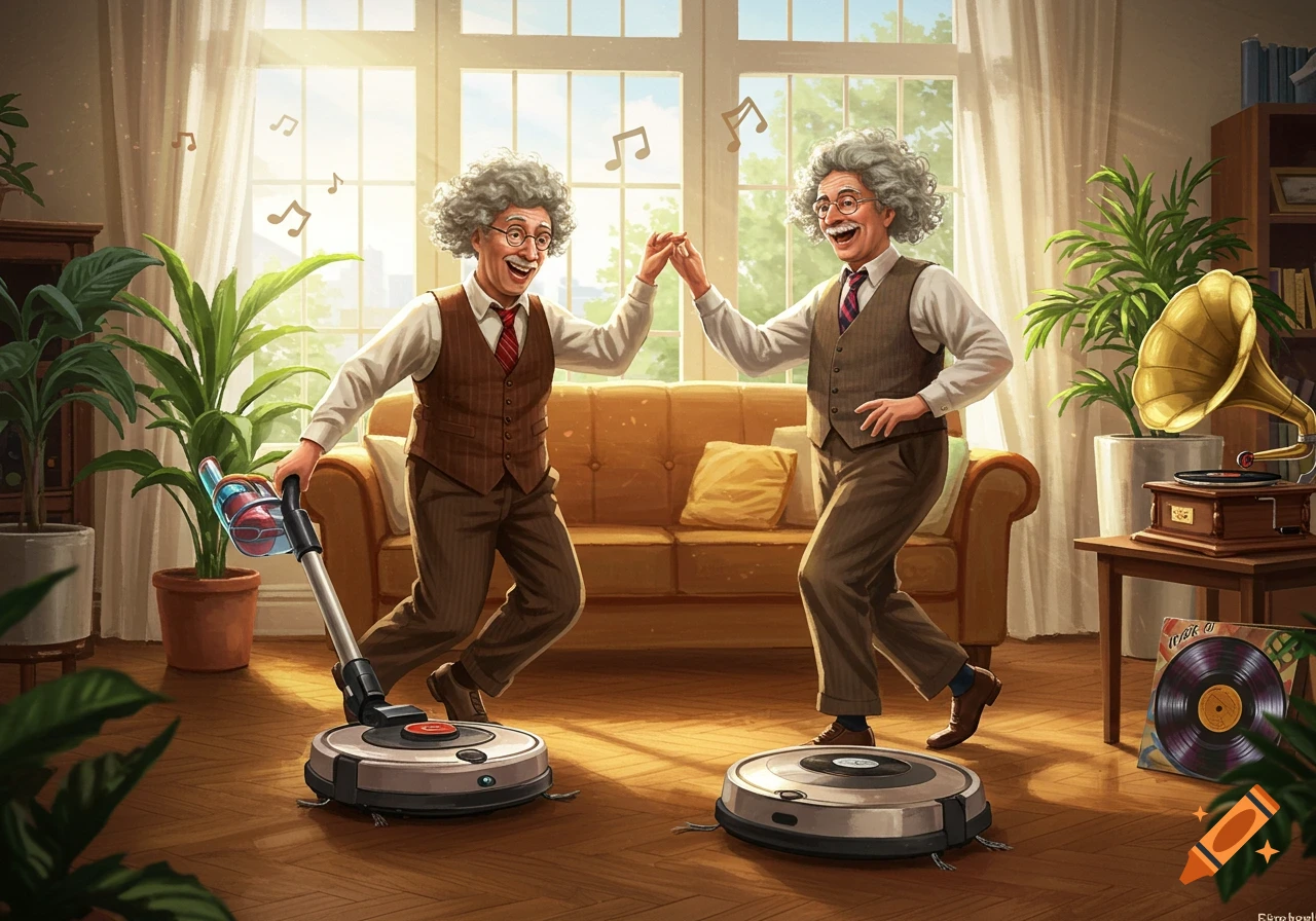 Two cheerful, grey-haired old men resembling Einstein dance in a sunny living room, one holding a stick vacuum, as robot vacuums move on the wooden floor.