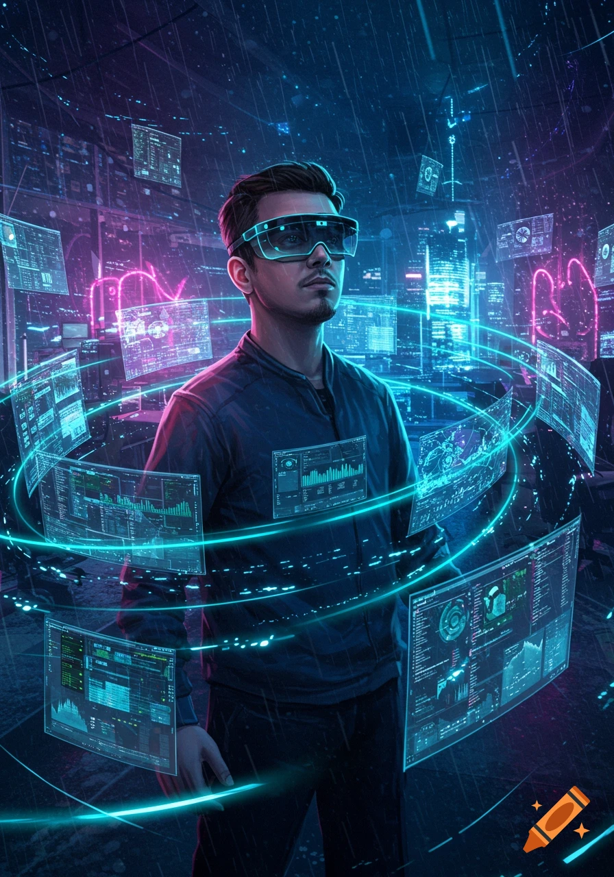 A man in futuristic glasses stands amidst holographic data screens in a neon-lit cyberpunk city, managing complex tasks.