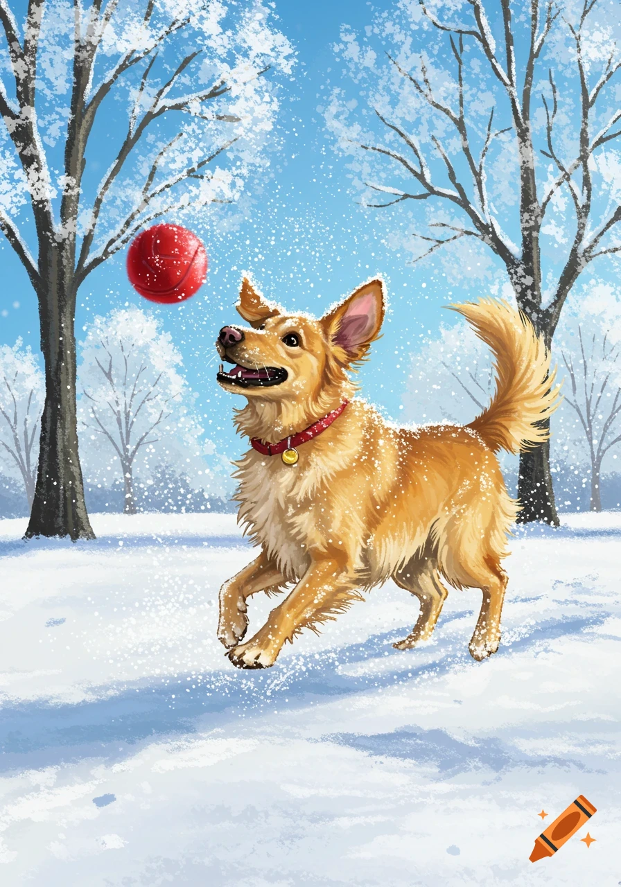 An illustration of a golden-brown dog leaping to catch a red ball in a snowy winter park.