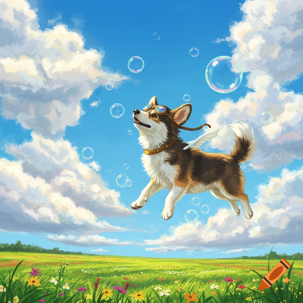 A cute dog with aviator goggles and small wings flies in a sunny blue sky with bubbles over a green meadow, in a painterly style.
