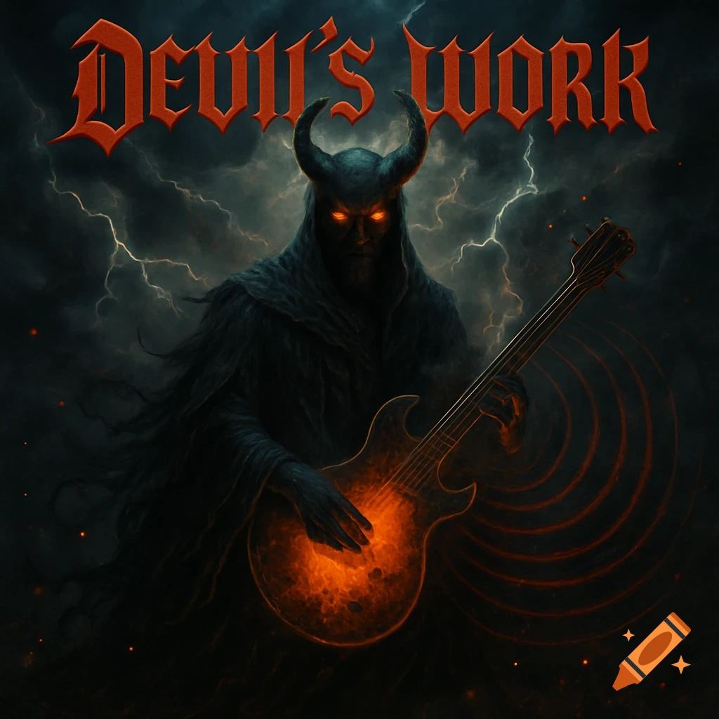 A dark, horned figure resembling a grim reaper plays a glowing electric guitar under a stormy, lightning-filled sky. Text reads 'DEVIL'S WORK'.