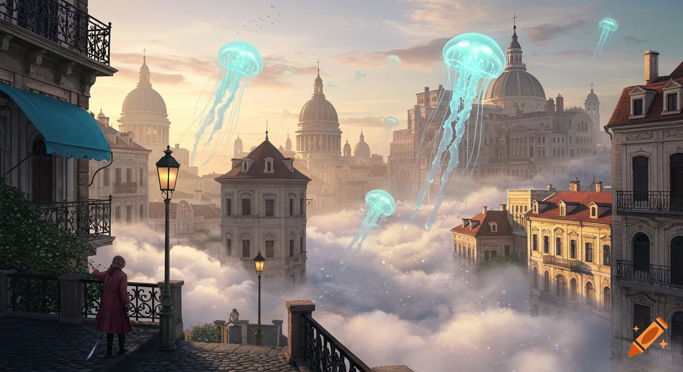 A detailed fantasy cityscape of a Victorian-era city floating on clouds with glowing jellyfish in the sky at sunset, a person on a balcony.