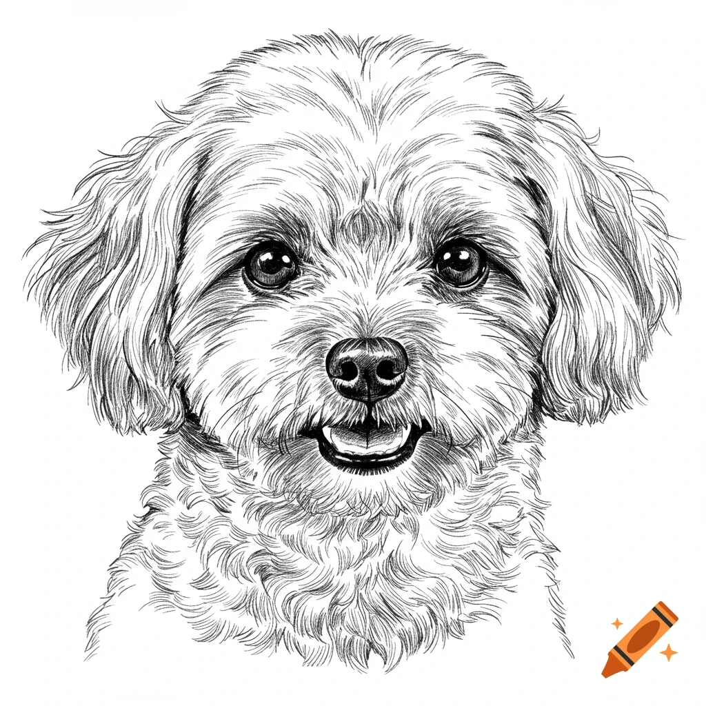 Black and white sketch drawing of a smiling Shih Poo dog face, looking forward.