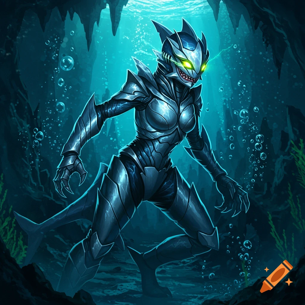 Armored humanoid shark monster with glowing eyes, standing in an illuminated underwater cave with bubbles.