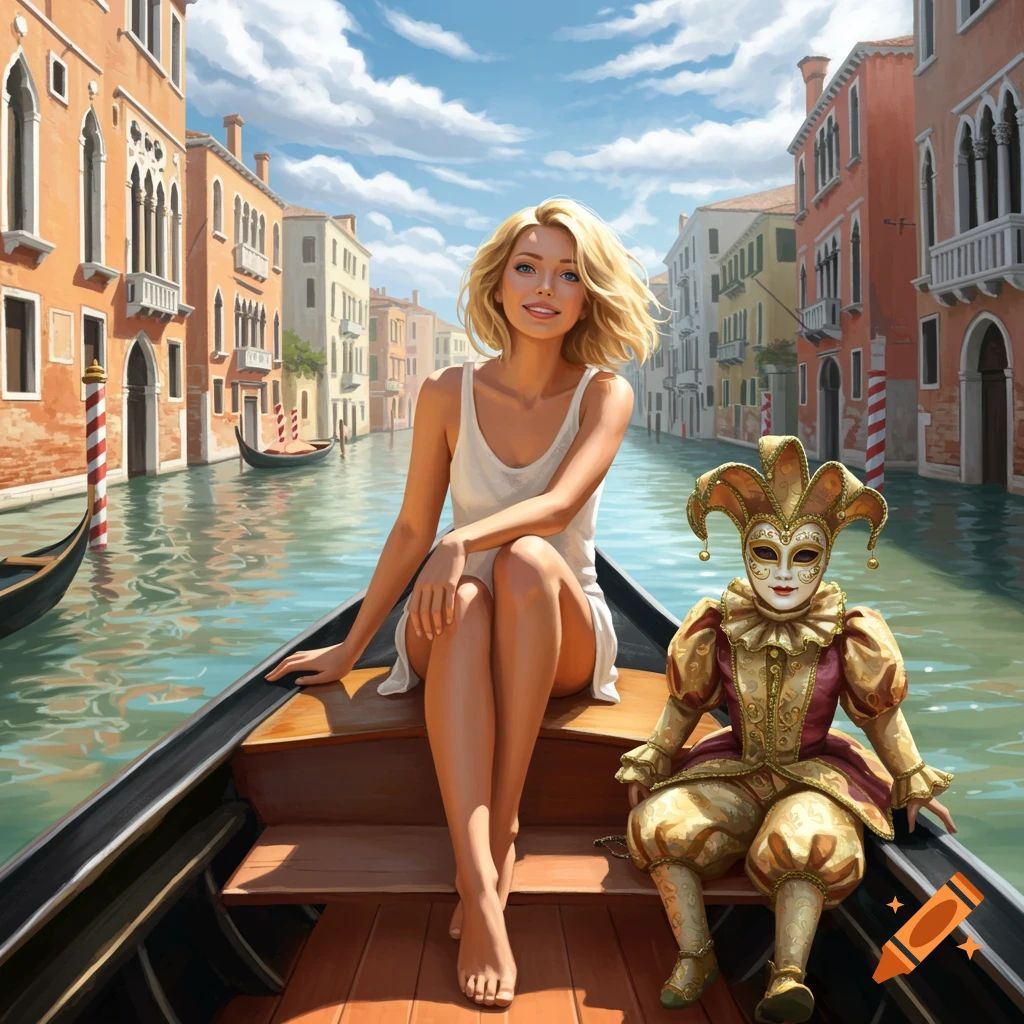 A smiling blond woman in a white dress sits barefoot in a gondola in Venice with a jester doll. Historic buildings line the canal.