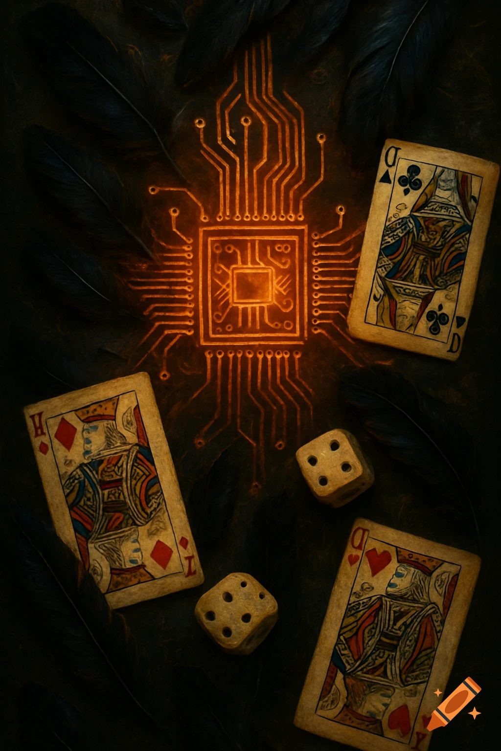 A stylized oil painting featuring an glowing orange circuit board with playing cards, dice, and raven feathers on a dark textured background.