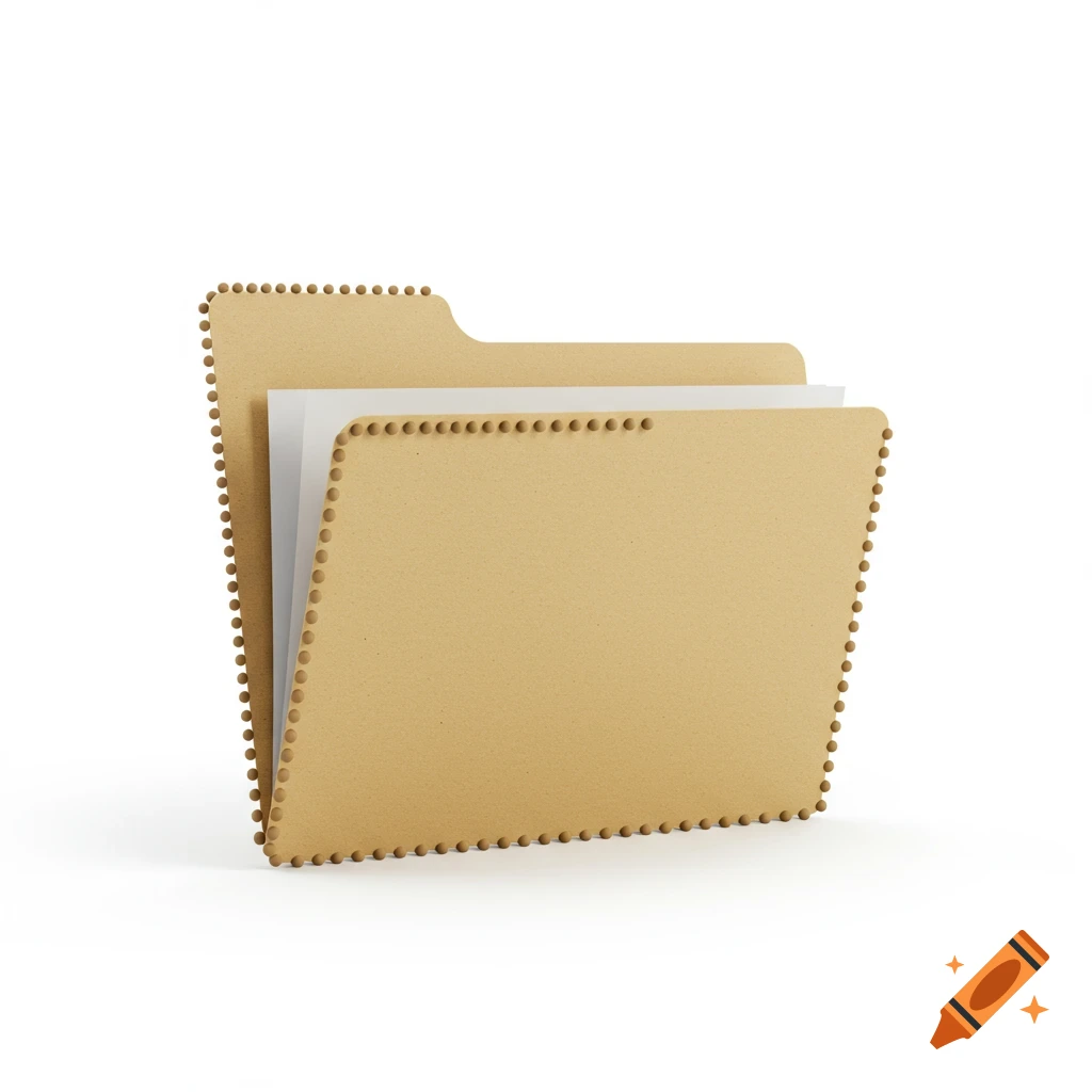 A brown manila folder with a dotted outline stands upright on a white background, holding white papers inside.
