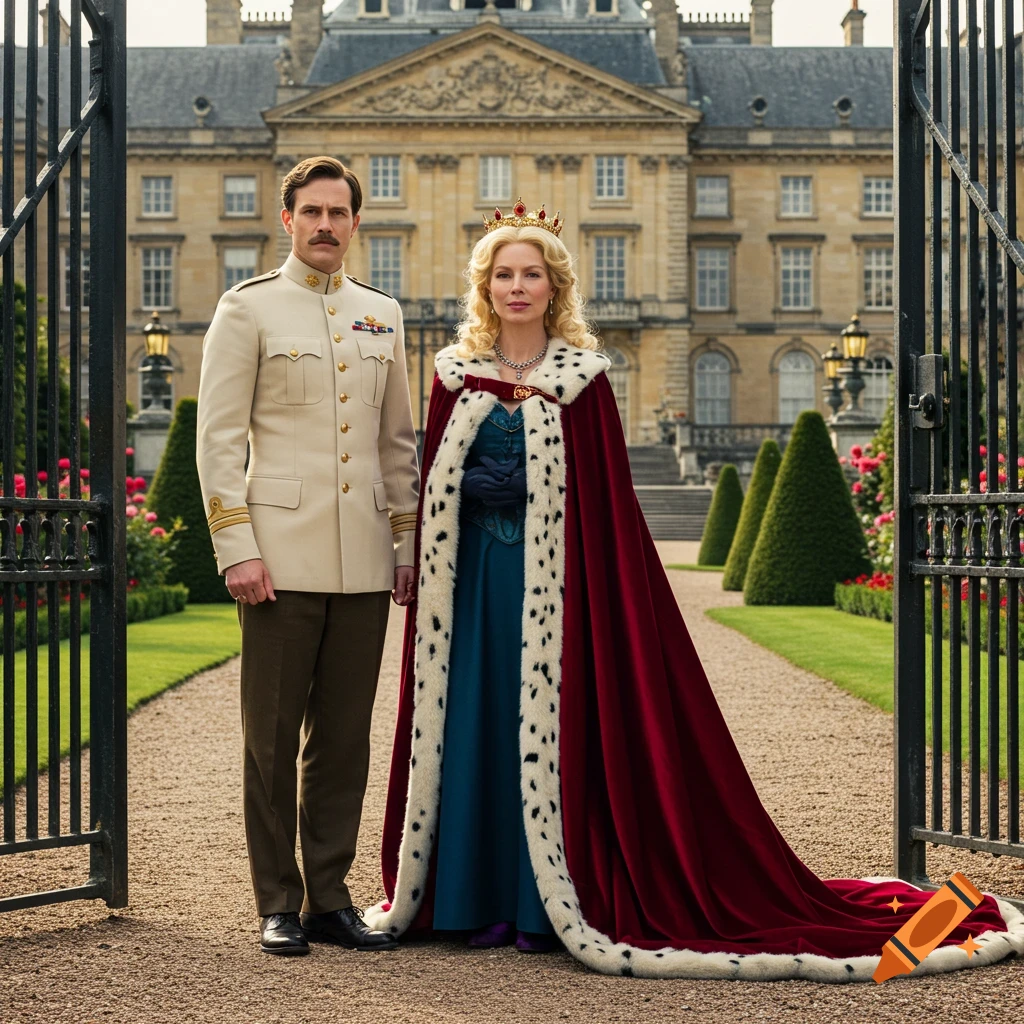 A man in a cream military uniform and a woman in a red royal cloak and golden crown stand in front of a grand palace.