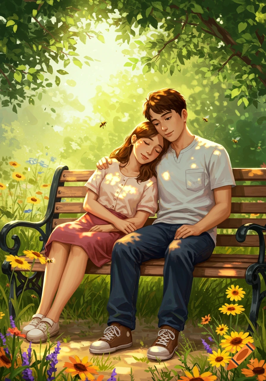 An illustration of a loving couple sitting on a park bench under dappled sunlight, surrounded by green trees and wildflowers.