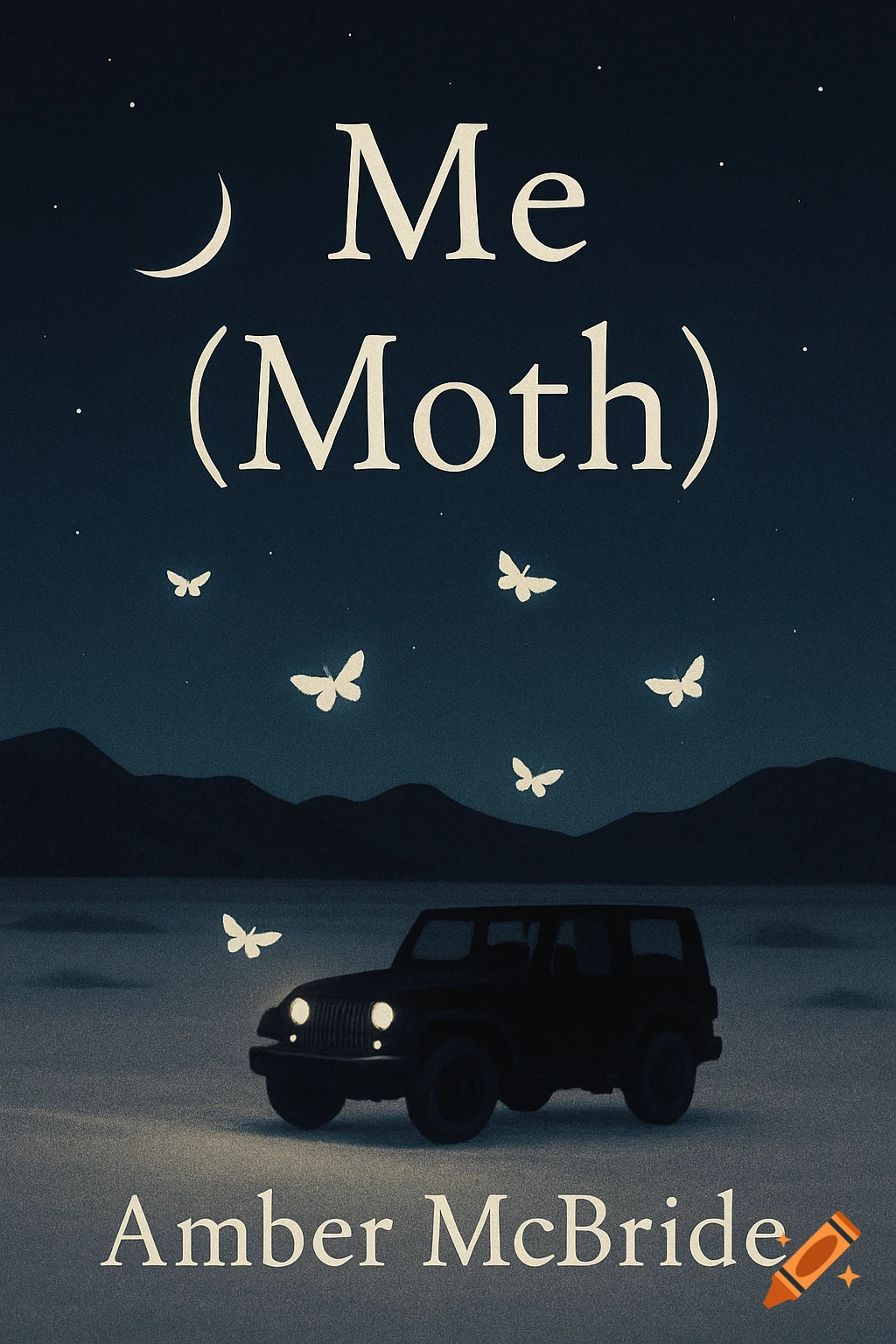 Minimalist book cover for 'Me (Moth)' with a silhouetted Jeep in a moonlit desert under a starry sky with glowing moths.