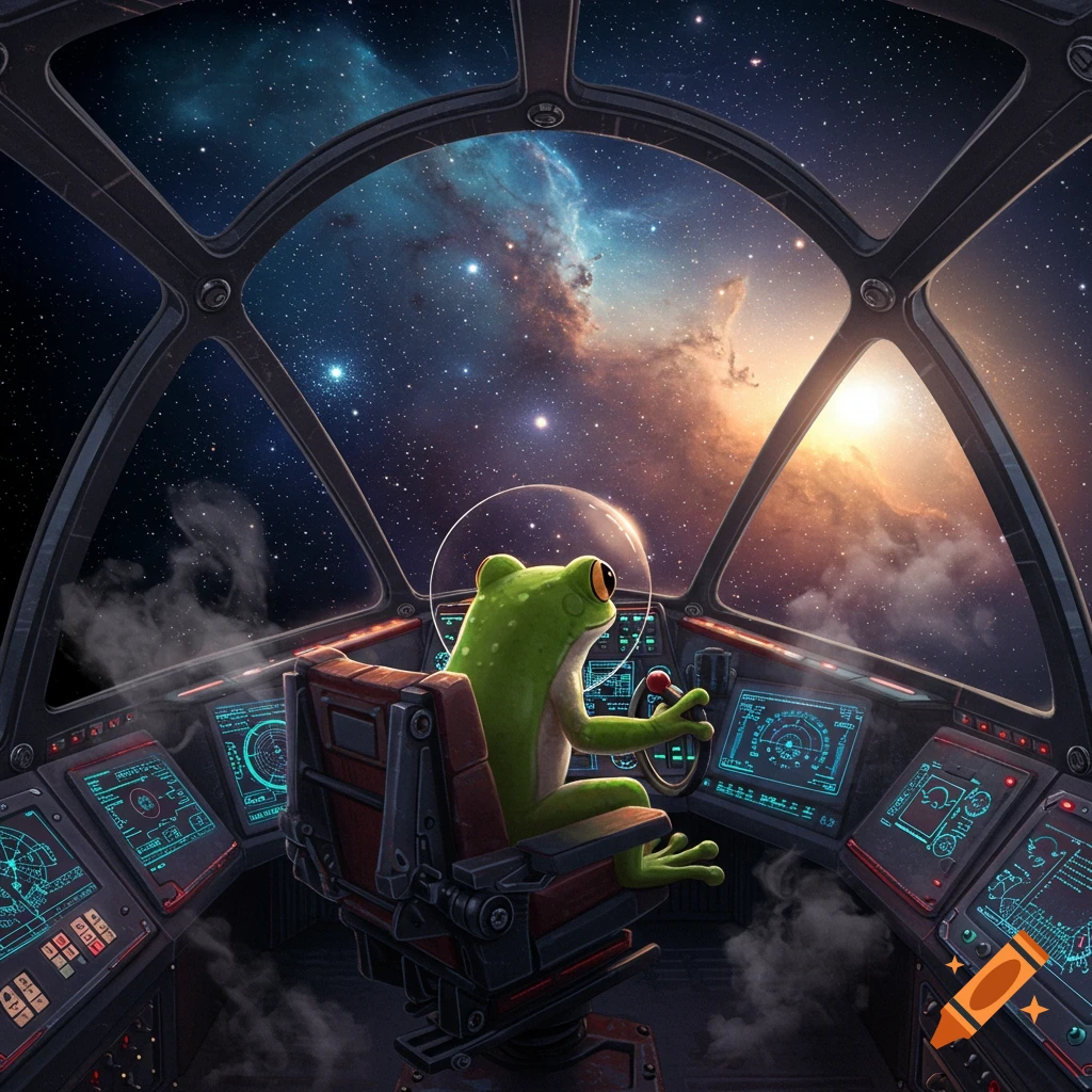 A green frog wearing a clear helmet sits in the cockpit of a spaceship, looking out at a vibrant nebula and stars.