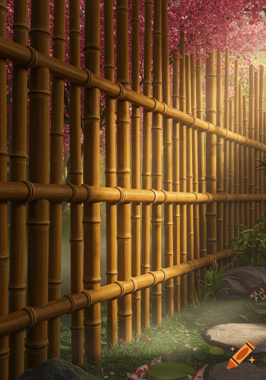 A serene Japanese garden scene with a bamboo privacy fence, pink cherry blossoms, lush green grass, and koi fish.