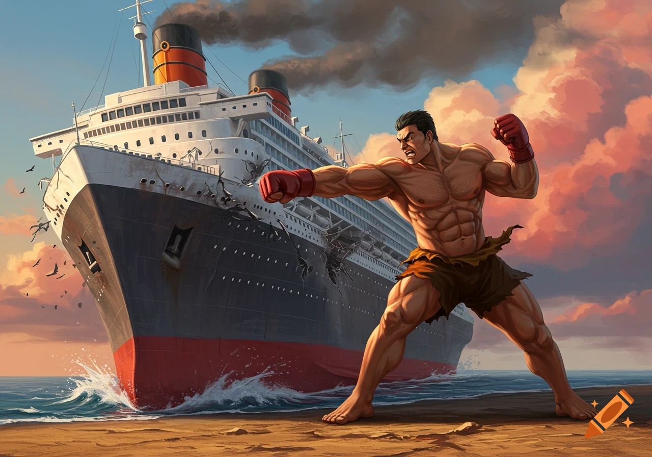 A muscular man in an anime style punches a large cruise ship on a sandy shore under a dramatic sky.