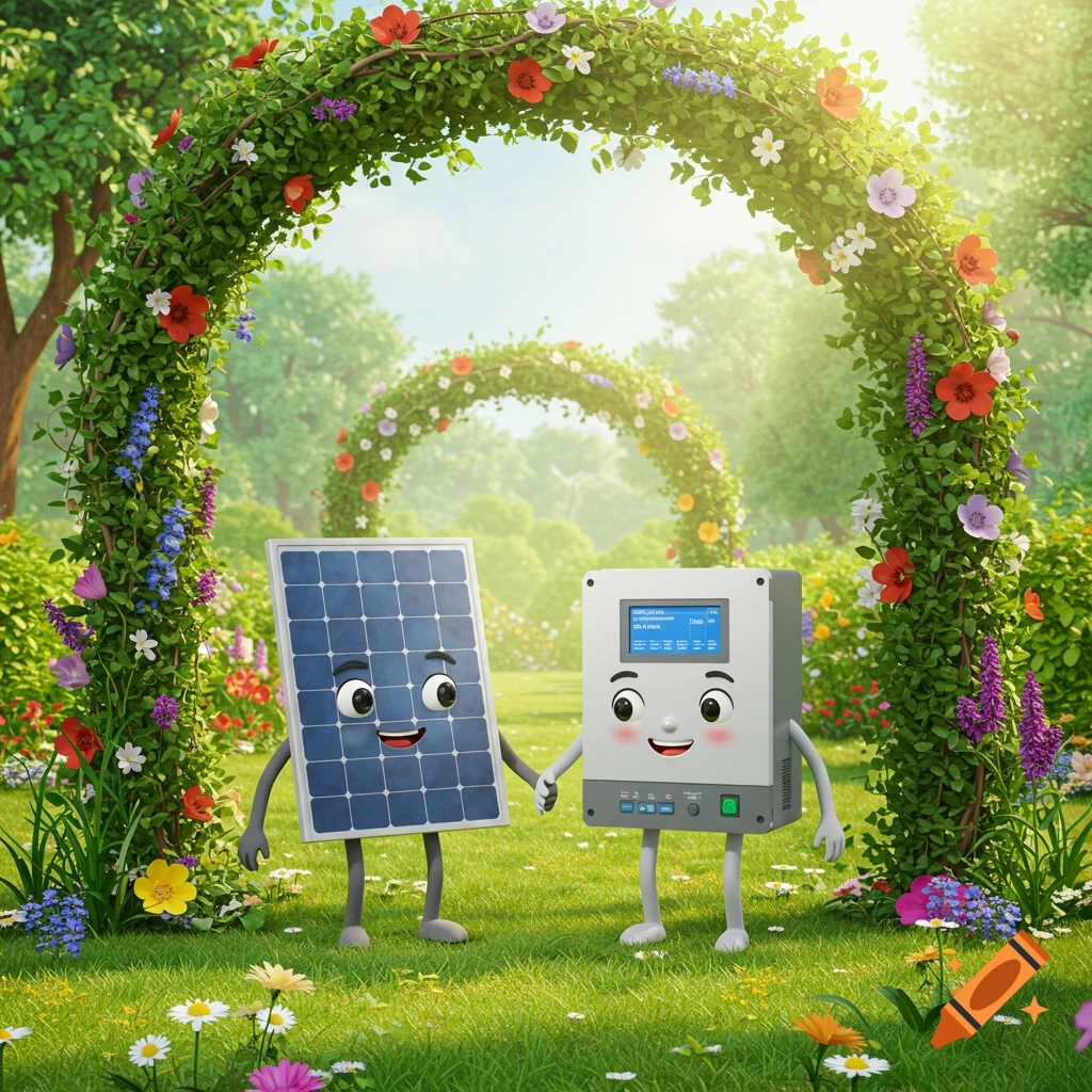 Cartoon solar panel and inverter, personified with smiling faces, holding hands under a floral arch in a vibrant garden.