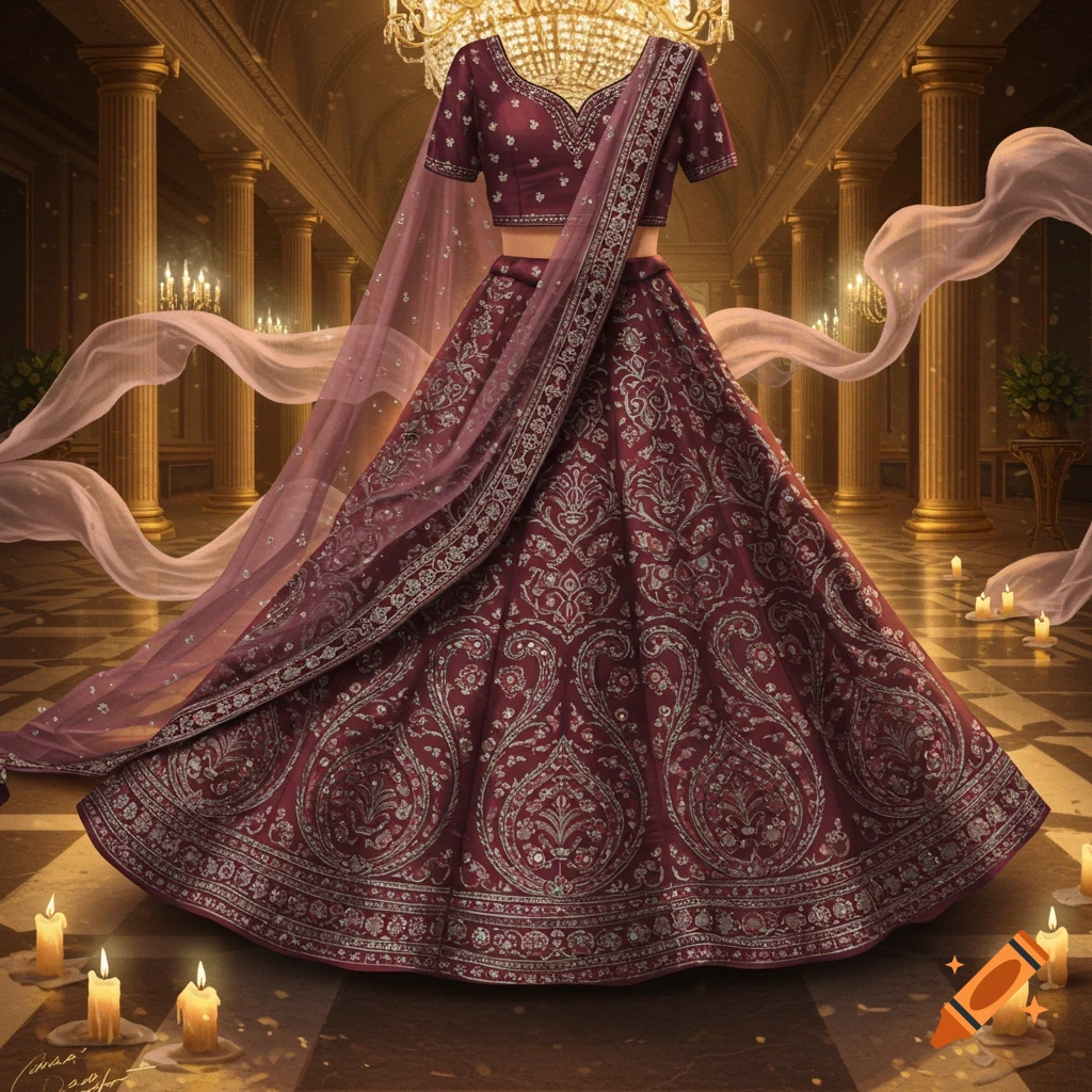 A plum-colored lehenga with intricate silver embroidery displayed in a grand, candlelit hall.