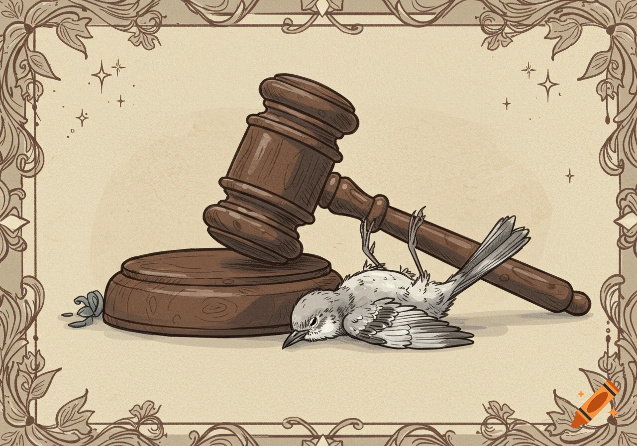 A stylized, hand-drawn illustration of a dead mockingbird lying under a large wooden judge's gavel, all encased within an ornate, vintage-style border.