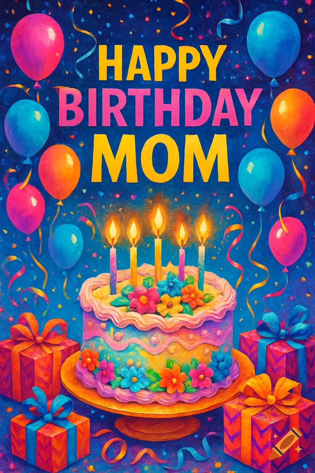 A vibrant birthday card with 'HAPPY BIRTHDAY MOM' text, a cake with candles, colorful balloons, and gift boxes, in a painterly style.