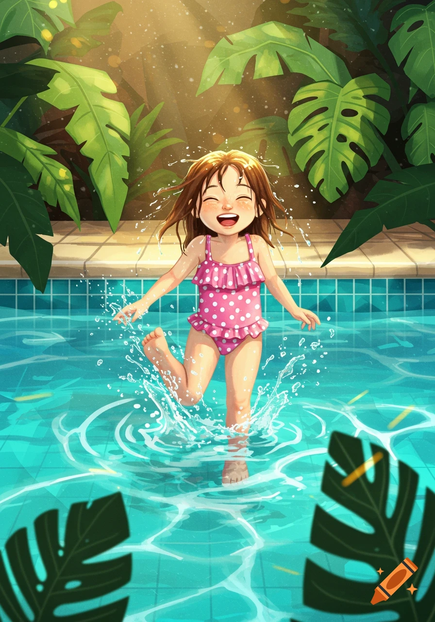A joyful cartoon girl with brown hair splashes in a vibrant blue swimming pool, surrounded by lush green tropical plants.