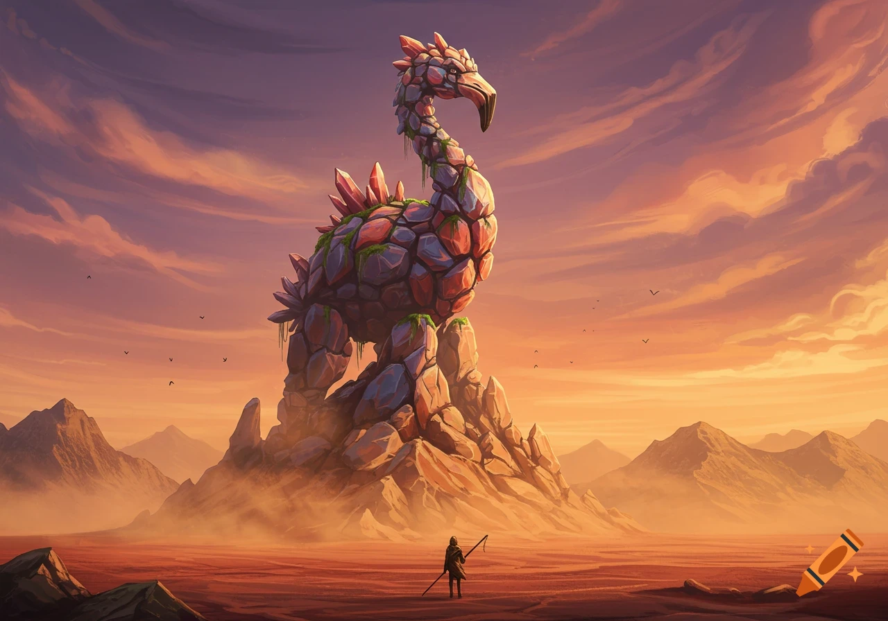 A giant rock flamingo-like creature looms over a small figure in a vast desert landscape under an orange and purple sunset sky.