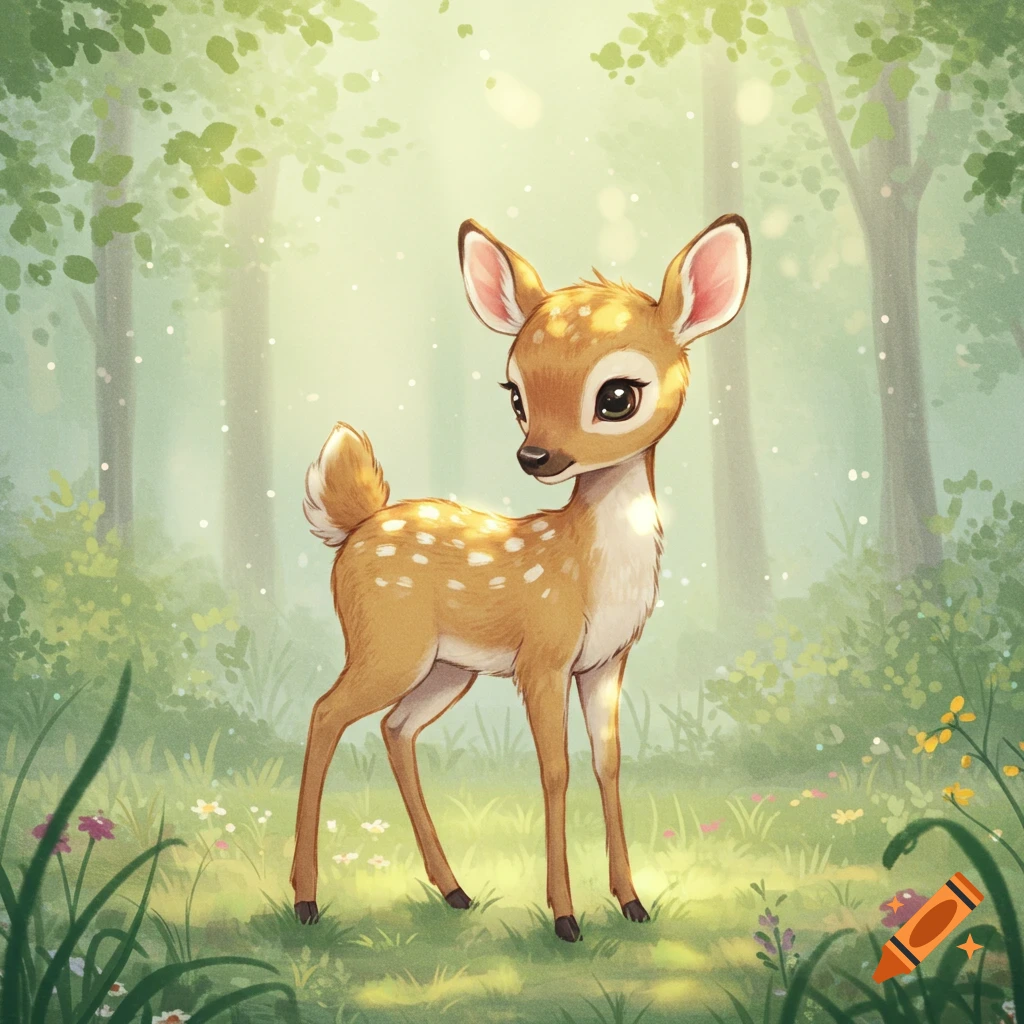 Cute cartoon fawn with big eyes stands in a sun-dappled magical forest with glowing particles and wildflowers.