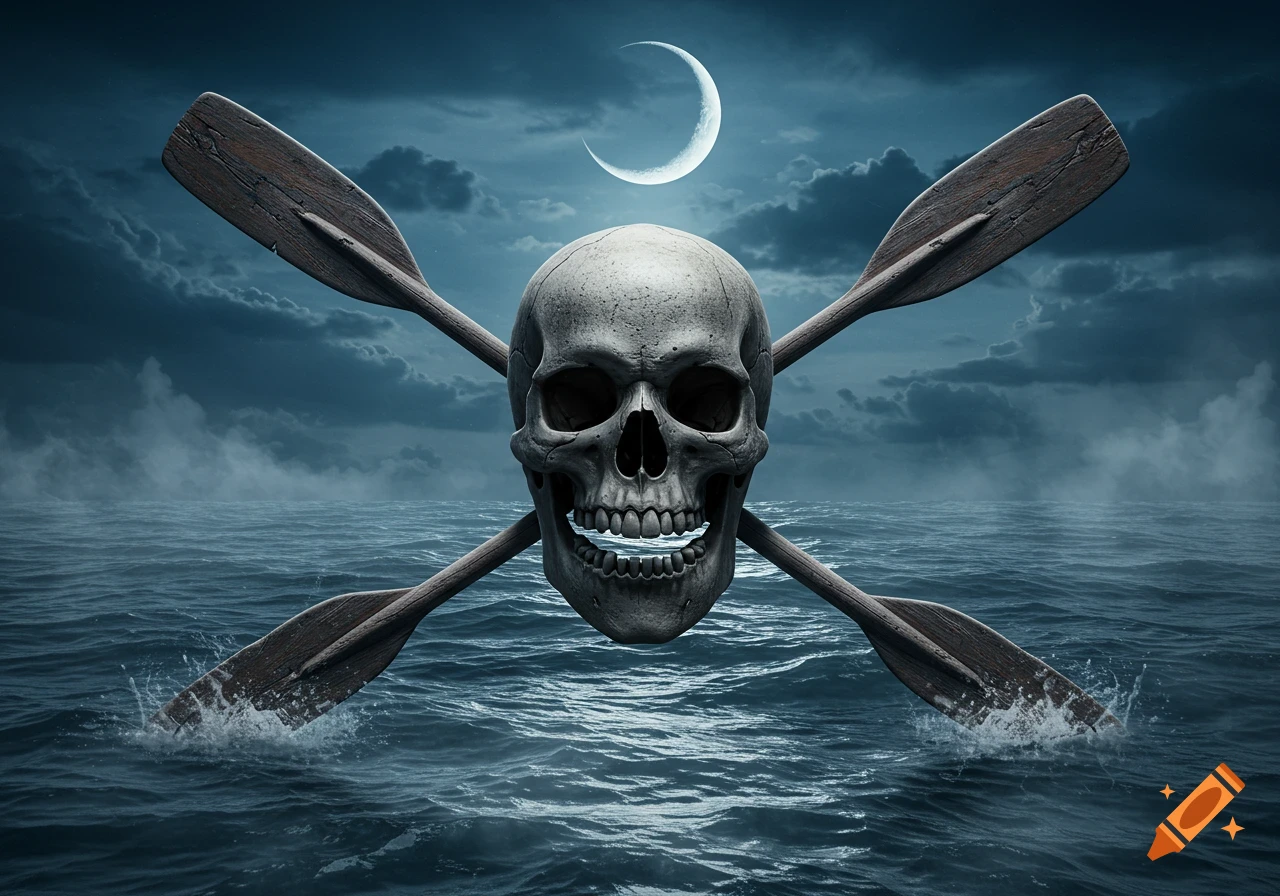 A stylized skull with crossed wooden oars against a stormy dark sea and sky with a crescent moon.