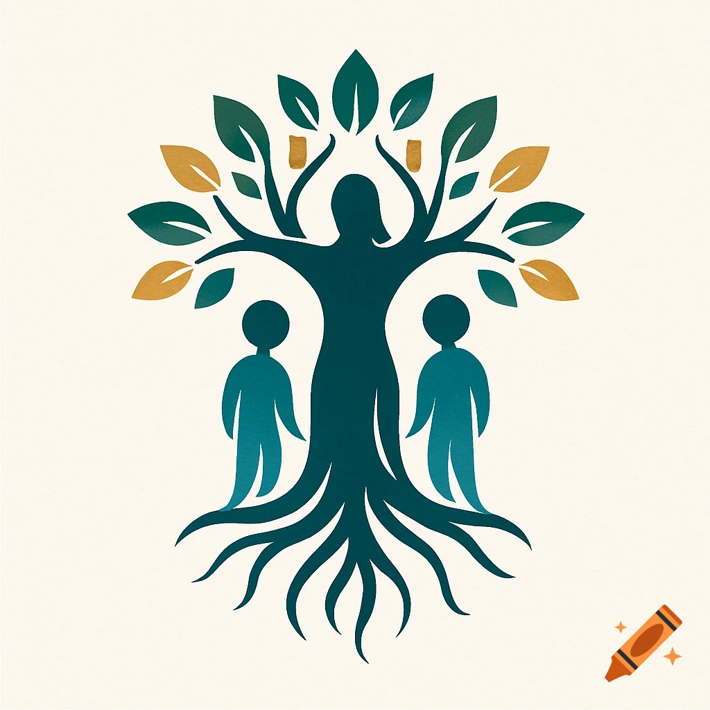 A stylized logo features a female figure as a tree trunk with two sons beside her, adorned with green and gold leaves and roots.