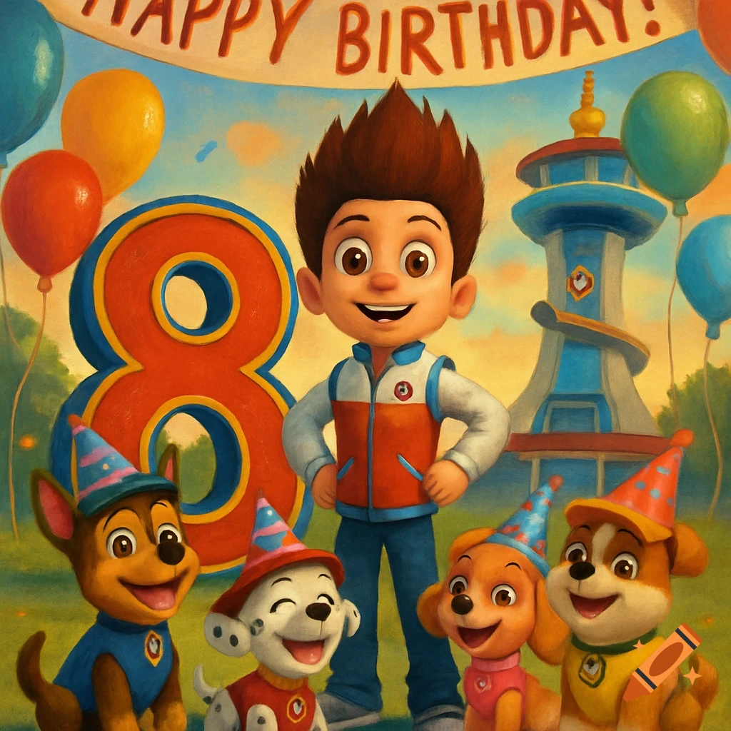 Painted scene of Ryder and four Paw Patrol puppies in party hats celebrating a birthday, with a large '8', 'Happy Birthday' banner, and balloons.