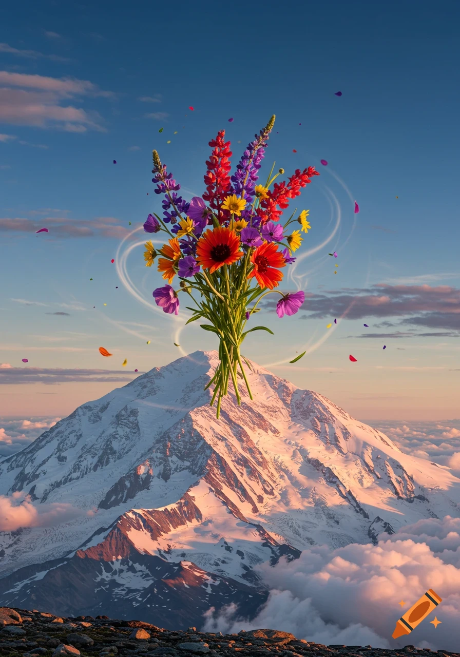 A vibrant bouquet of colorful flowers floats above a snow-capped mountain peak with clouds at sunset, photorealistic.