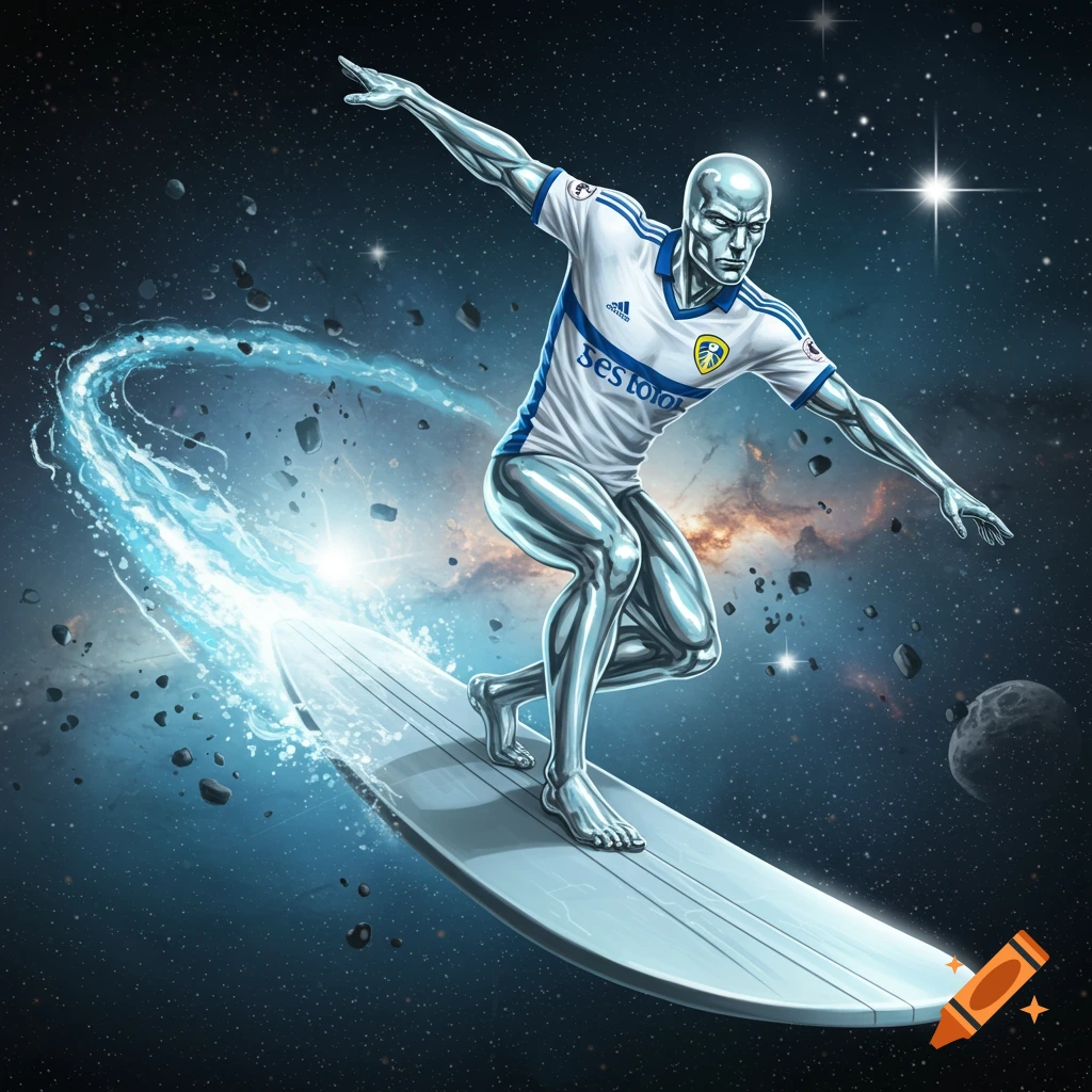 Silver Surfer, wearing a Leeds United football jersey, surfs on his board through a star-filled cosmic space, with asteroids and a glowing trail behind him.