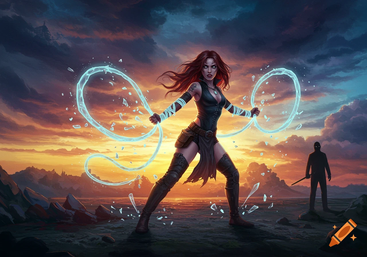 Red-haired female warrior wields glowing blue energy whips on a rocky landscape at sunset, with a silhouetted figure in the background.