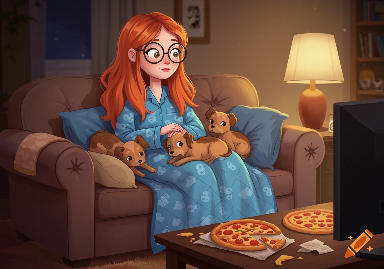 Cartoon girl with red hair and glasses in pajamas watches TV on a sofa with four puppies and pizza.