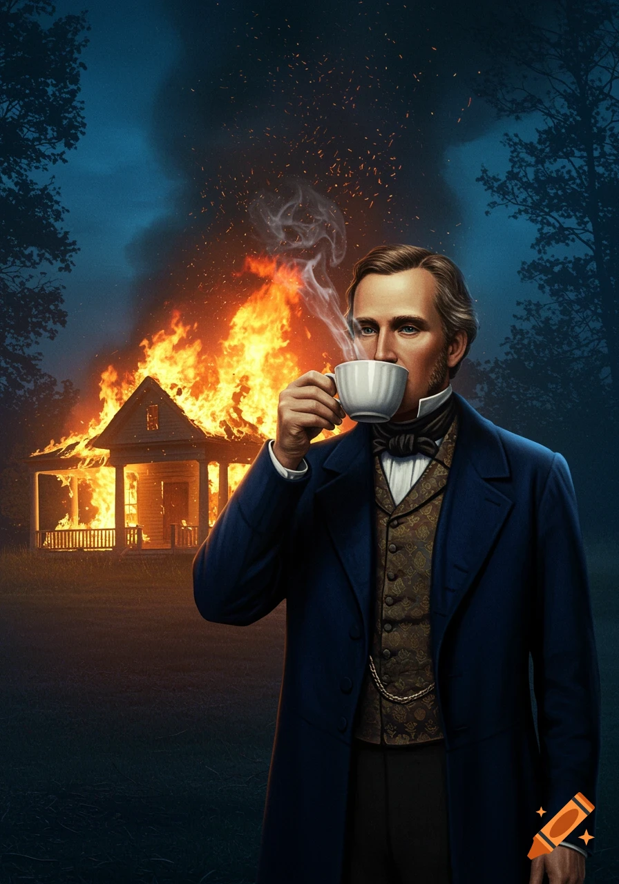 A man in historical attire calmly drinks coffee in front of a burning house at night in a photorealistic illustration.