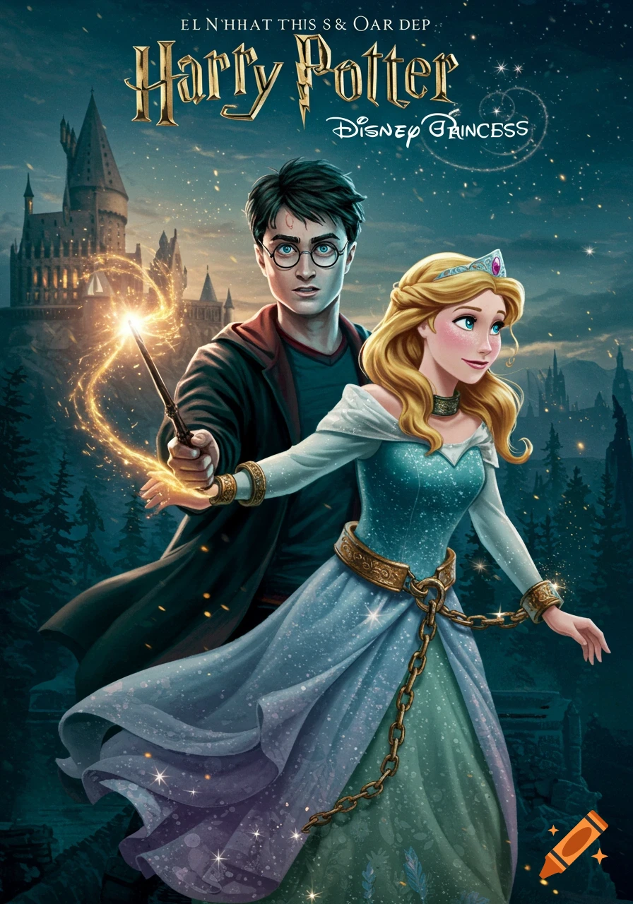 A stylized book cover showing Harry Potter and a Disney Princess-like character with chains, against a dark, magical castle backdrop.