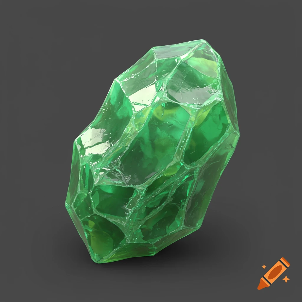 An isometric 3D render of a faceted green emerald ore with a translucent, rubbery texture on a dark grey background.