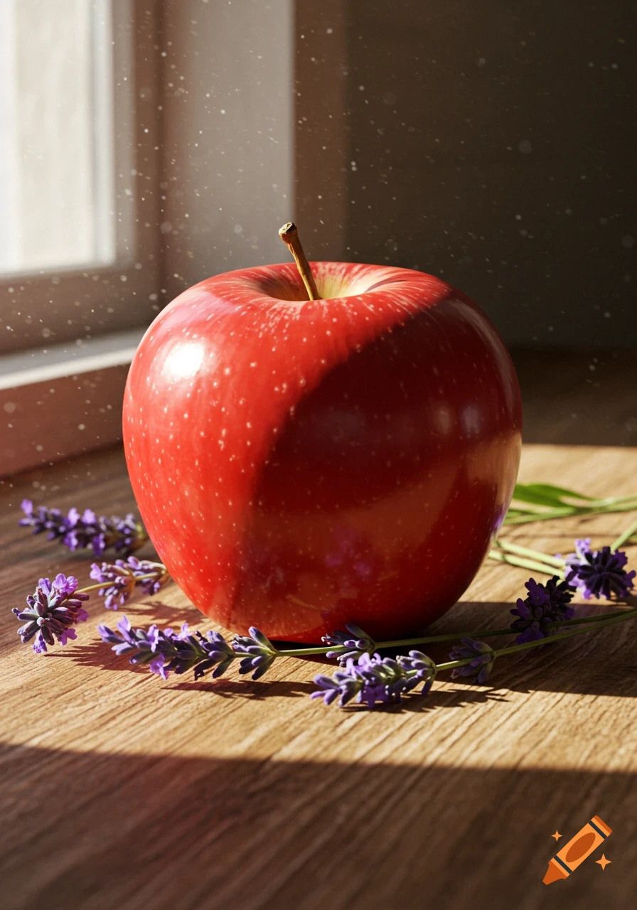 A photorealistic red apple and sprigs of lavender on a wooden table, bathed in sunlight.