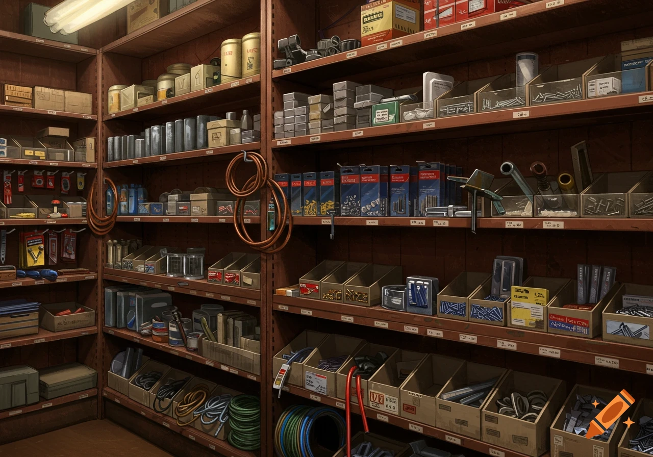 A detailed view of wooden shelves in a hardware store, stocked with various tools, parts, and boxed supplies.