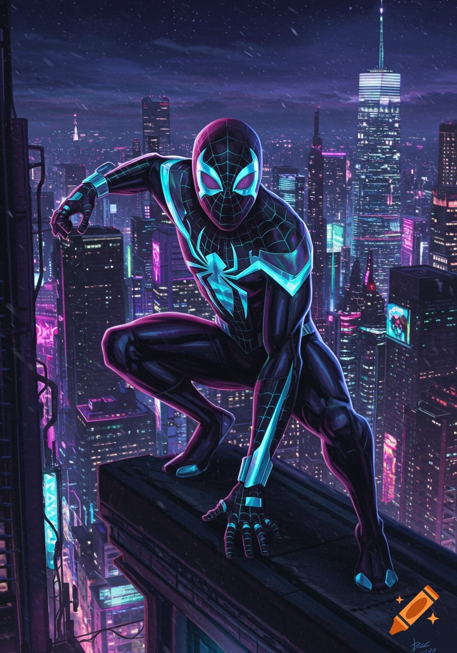 Miles Morales as Spider-Man in a black and neon blue suit crouches on a rooftop overlooking a futuristic, neon-lit city at night.