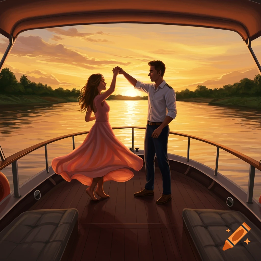 An illustrated young couple dances on a boat's deck on a river at sunset.