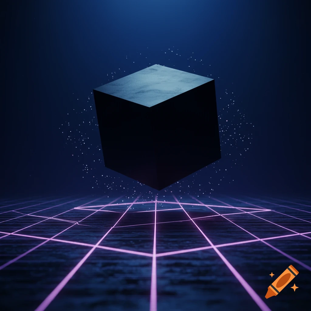 A dark, textured cube floats above a glowing pink grid in a futuristic, blue-lit digital space.