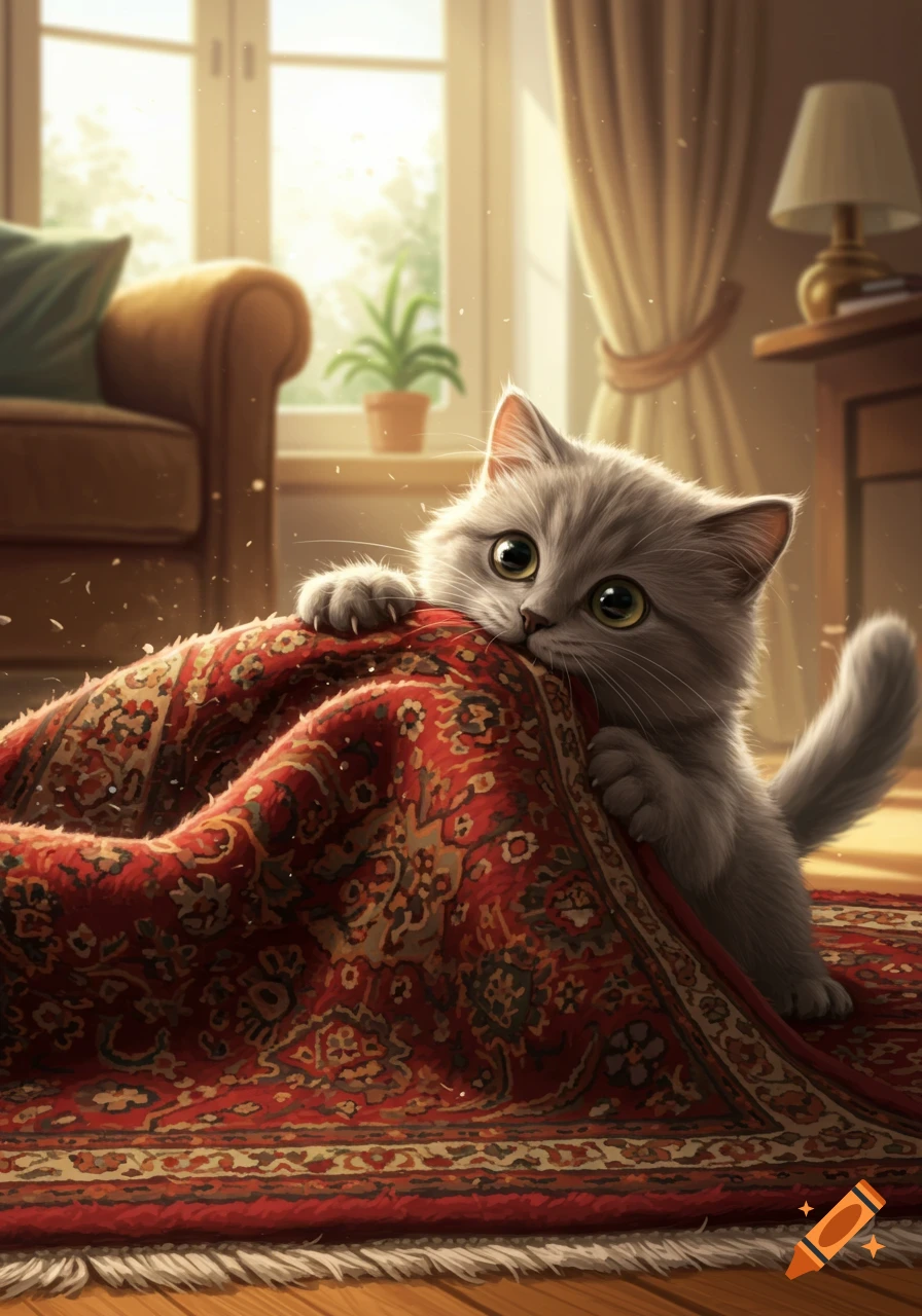 A fluffy grey kitten with large eyes playfully bites and claws a red patterned rug in a sunlit room.