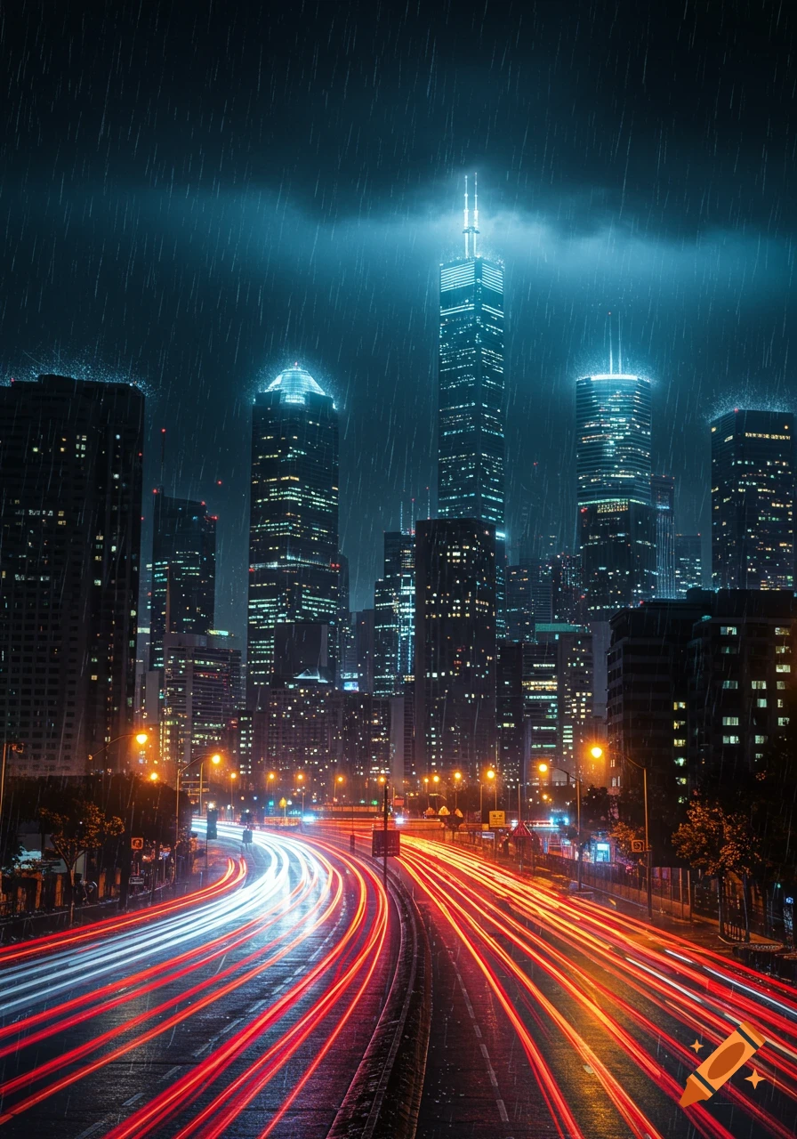 Night cityscape with heavy rain, illuminated skyscrapers, and red and white light trails from traffic on a wet road.