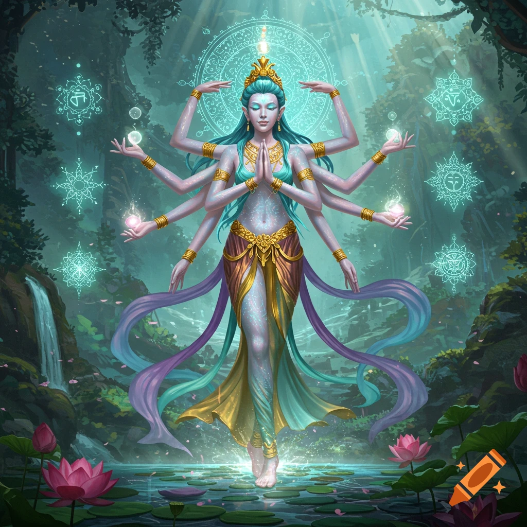 A radiant multi-armed goddess with blue hair stands on water amidst lotus flowers in a mystical forest, surrounded by glowing symbols.