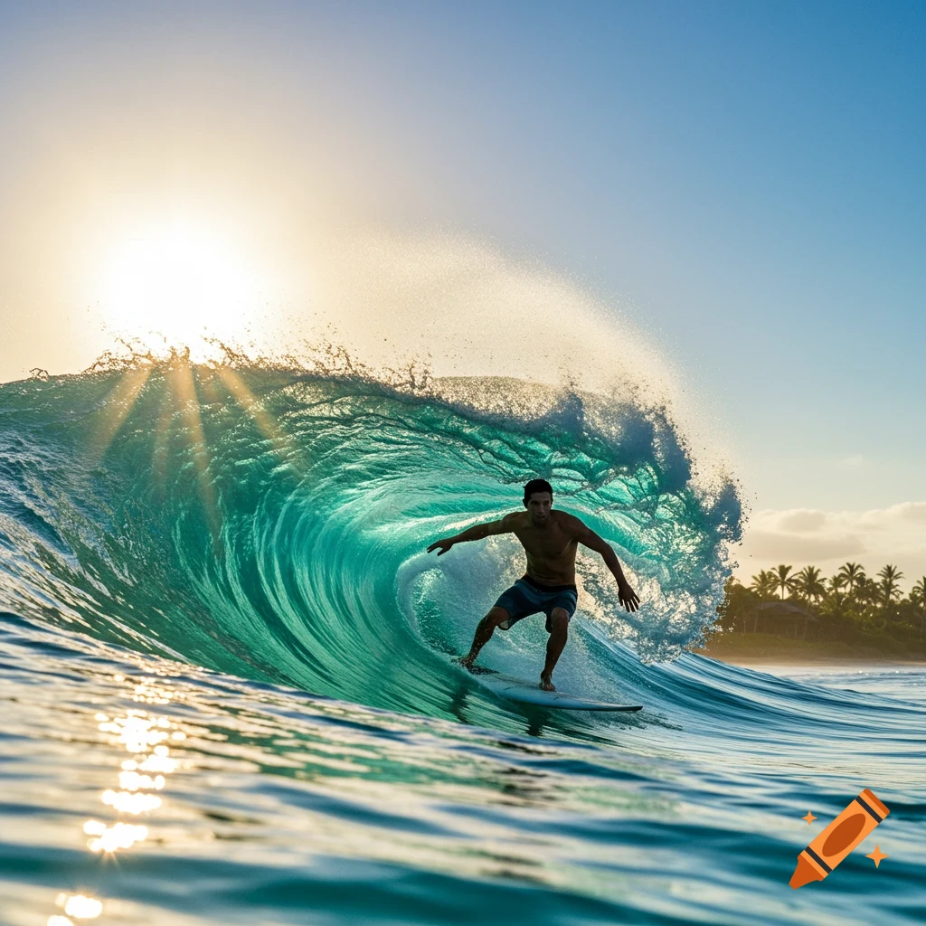 Photorealistic image of a surfer riding a large turquoise barrel wave at sunset, with palm trees on the distant shore.