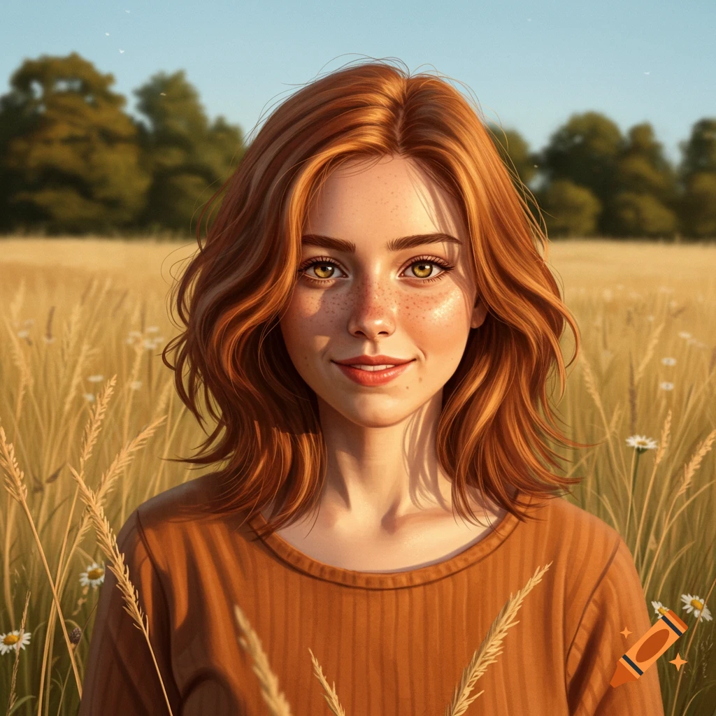 A digital art portrait of a smiling young woman with red hair and freckles in a sunlit golden wheat field.