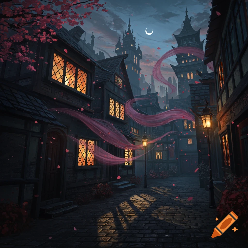 A dark, atmospheric fantasy street at night with glowing windows, pink ribbons, cobblestones, and a crescent moon.