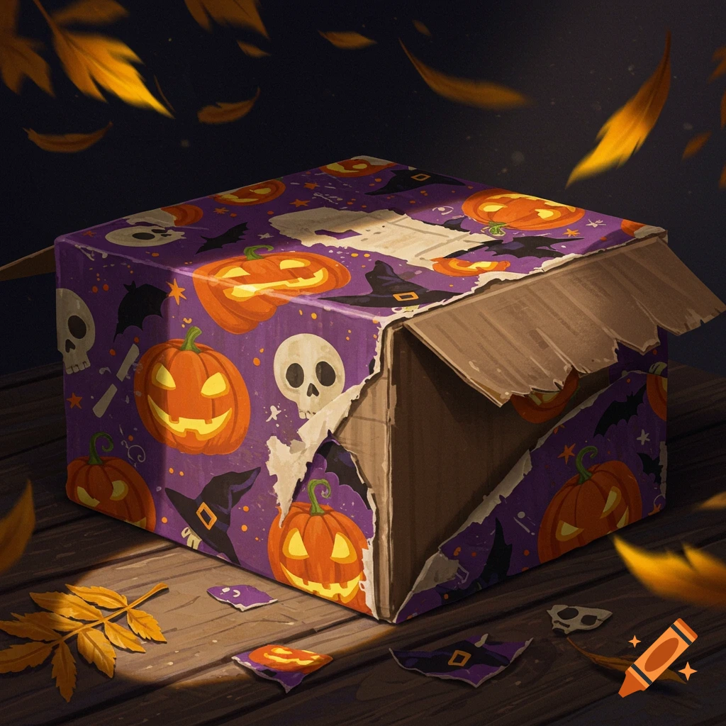 A cardboard box wrapped in ripped purple Halloween paper with pumpkins, skulls, and witch hats, on a wooden table with fall leaves.
