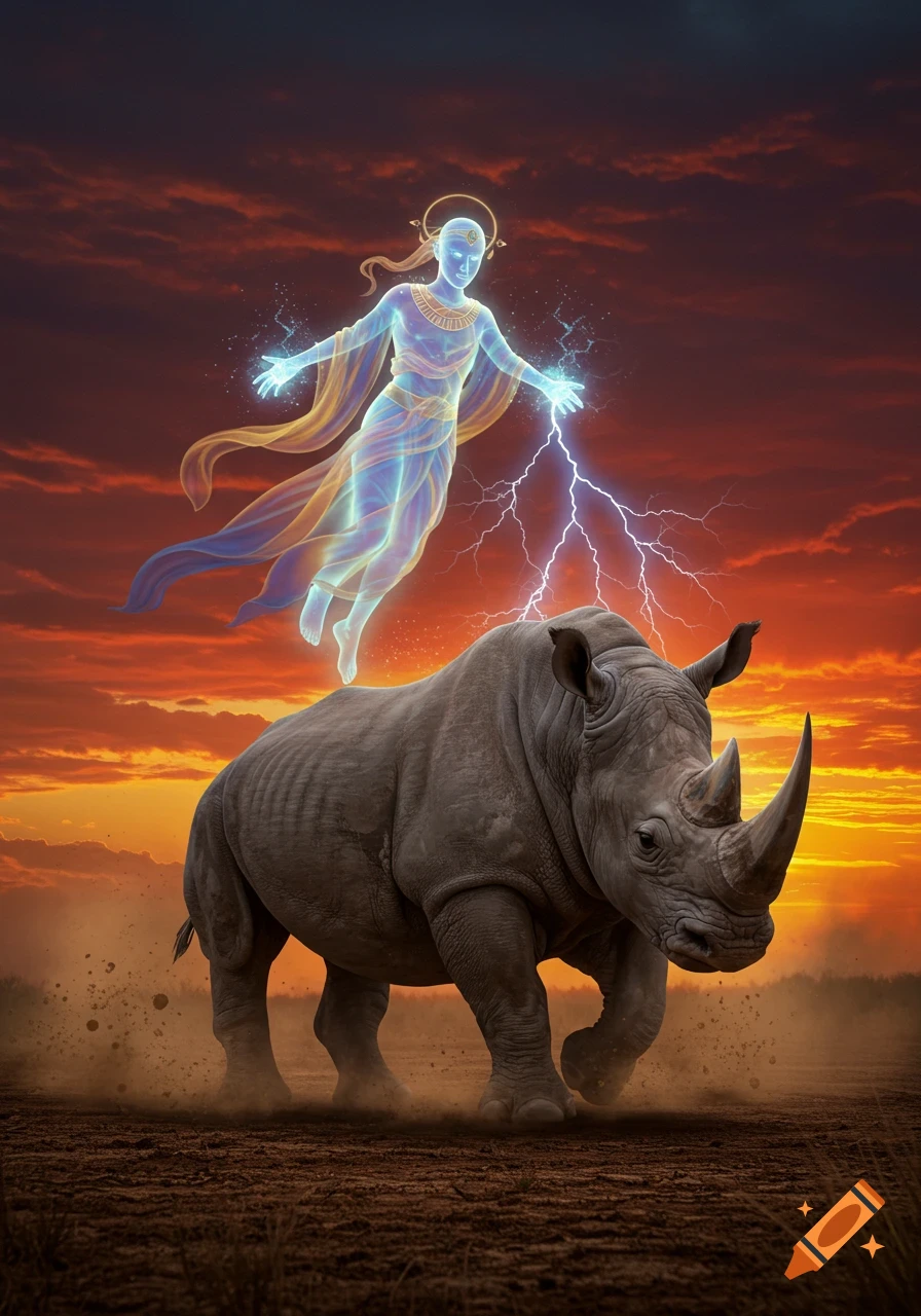 A glowing ethereal figure hovers above a running rhinoceros, casting lightning bolts against a dramatic sunset sky.