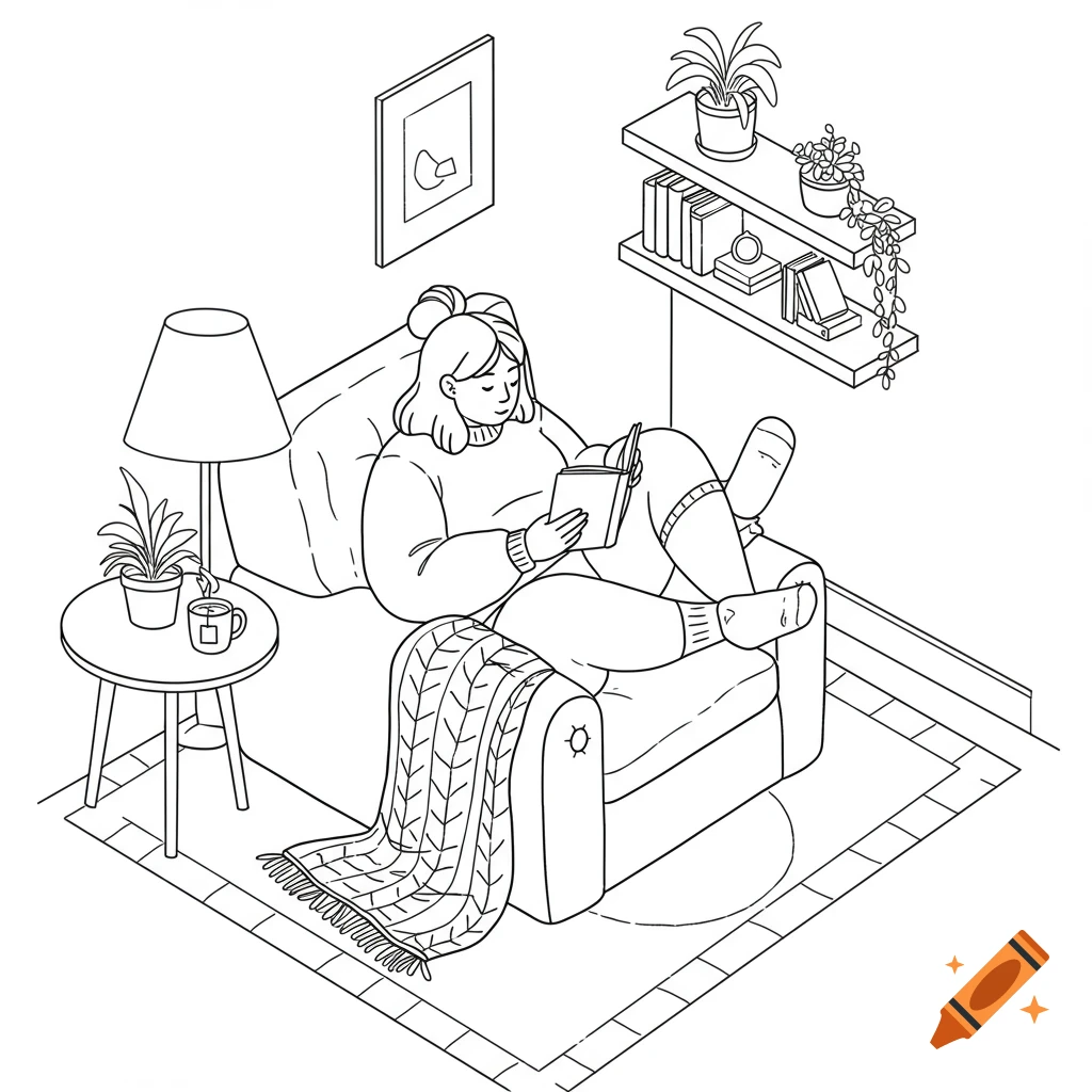 Line art of a plus-size girl reading a book in a cozy armchair with a blanket, a cup of tea, and plants in an isometric room.