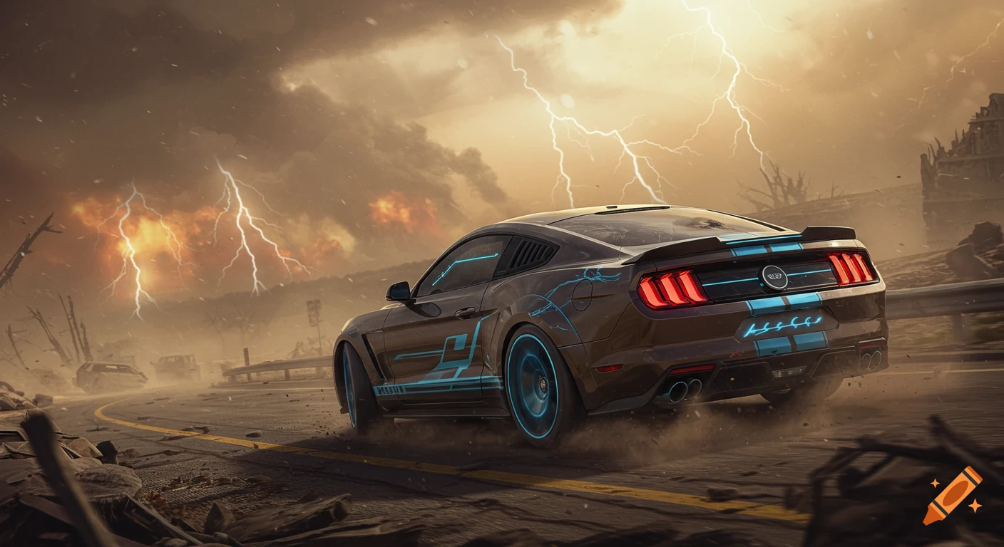 A futuristic dark gray Ford Mustang with glowing blue accents speeds down a torn highway in a post-apocalyptic lightning storm.